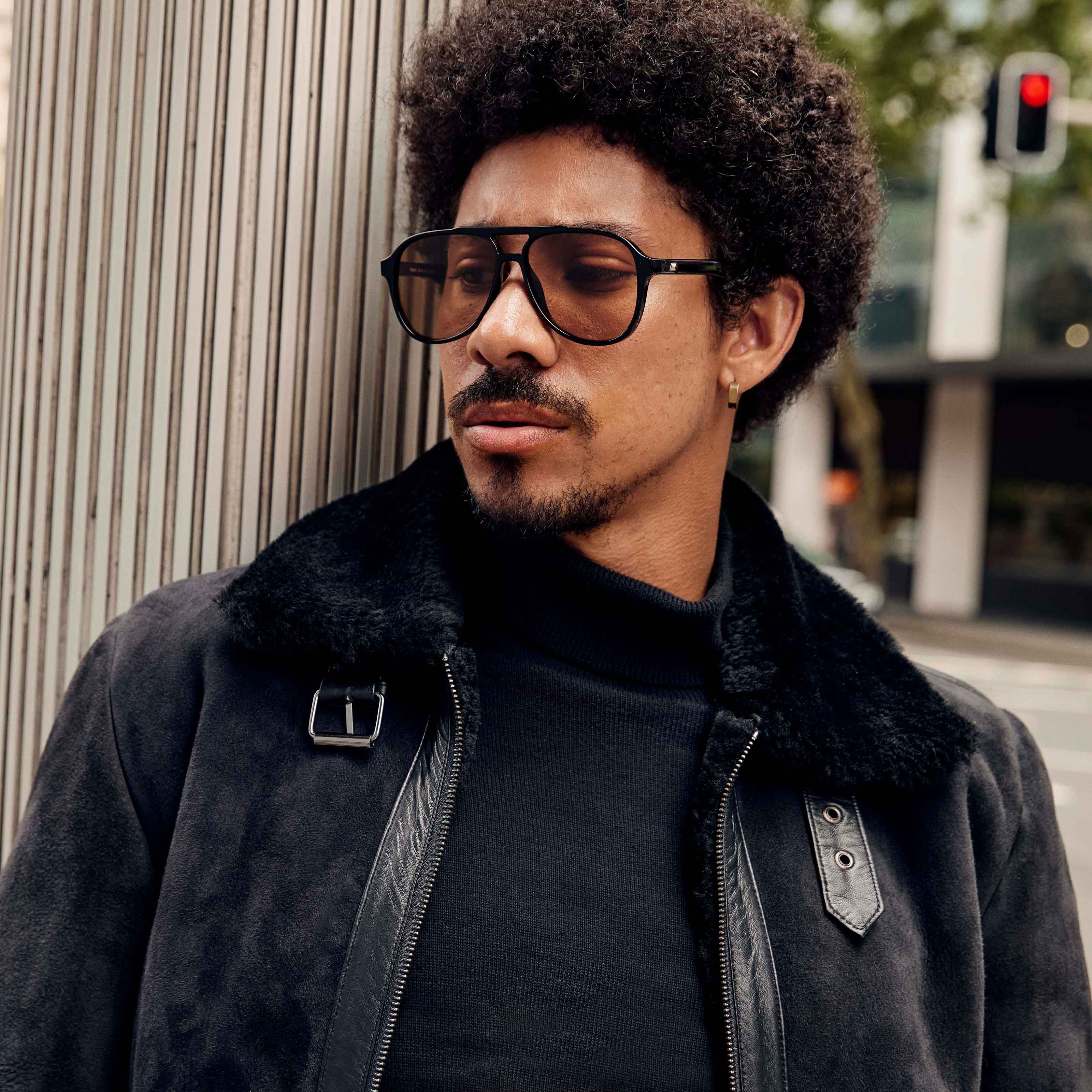 Black leather deals shearling jacket mens